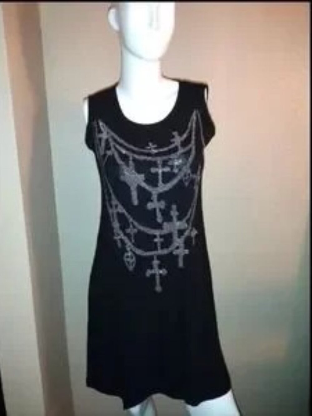 Black Sleeveless Mini Dress with Rhinestone Silver Cross Necklace Print